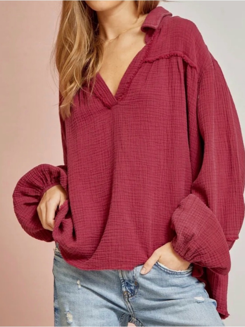 Women's V-neck gauze long sleeve top